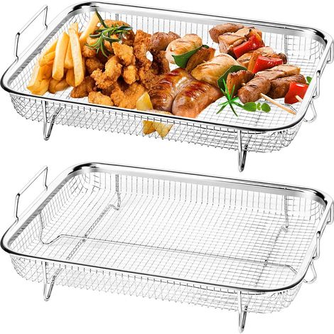 Lot de 2 paniers cuisson en acier inoxydable - 30 x 22,5 5,2 cm Grille maille avec poignées Pour la cuisson, les biscuits, grillades, à air chaud faible (1/5)