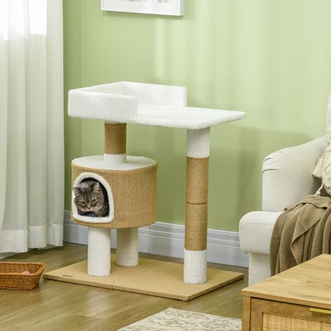 Tiragraffi con cuccia, 1 cuccia, 1 superficie per sdraiarsi, 70 cm x 49 cm x 79 cm, naturale + bianco (1/5)