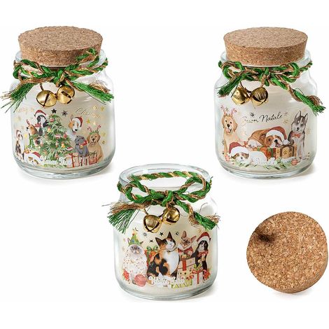 Candele di Natale profumate in barattolo di vetro con tappo in sughero, fiocchetto e campanelle, set da 3 pezzi, Ø 6 cm x 7,5 H