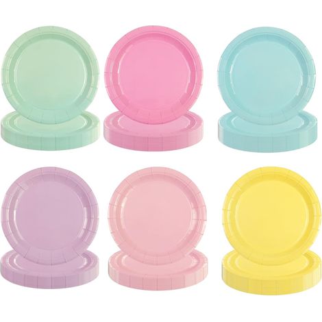 Lot de 48 assiettes en carton multicolores - Assiettes à salade jetables aux couleurs de l'arc-en-ciel - Accessoires de fête - Vaisselle pour anniversaire, dîner, mariage (1/5)