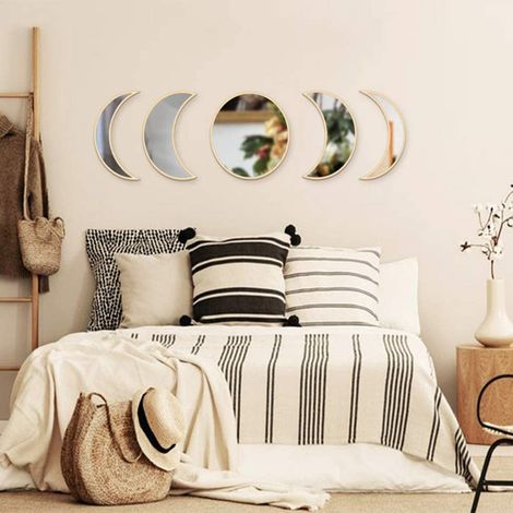 [Miroir Décoratif] + + + Miroir Lunaire Acrylique en Bois, 26.5cm, Noir/Bois Naturel, 1x Miroir Round & 4x Moon (1/4)