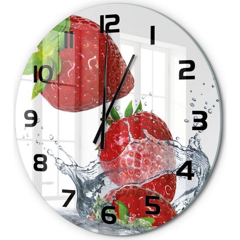 Horloge Murale Ronde Décoration Cuisine en Verre Trempé Silencieuse Moderne Fraises et eau fi 60 cm (1/5)