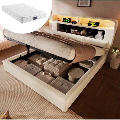 Bett 160x200 cm mit Stauraum, höhenverstellbarem Kopfteil, LED, USB/Type-C, Samt Beige, Lattenrost und Matratze (1/5)