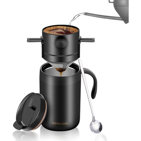 Mug isotherme noir + filtre anti-goutte + cuillère (ensemble de trois pièces)Tasse à café filtre portable en acier inoxydable, mug isotherme, tasse de voyage portable pour une utilisation à la maison, (1/5)