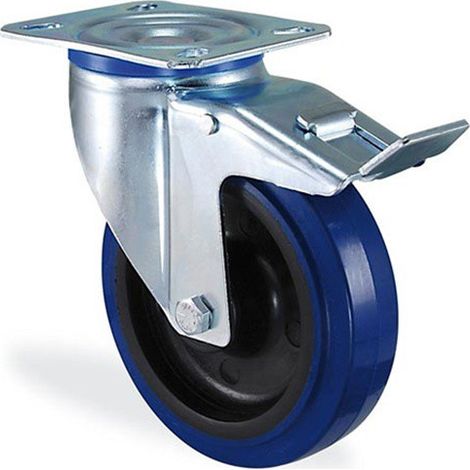Roulette pivotante à frein caoutchouc bleu elastique diamètre 160mm charge 200kg