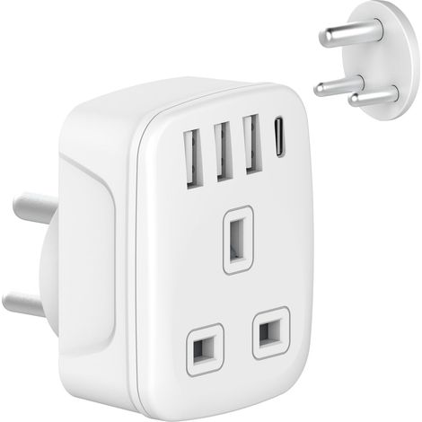 Adaptateur de prise britannique, adaptateur de voyage Royaume-Uni vers Inde, adaptateur de voyage avec mise à la terre et 4 ports USB (Royaume-Uni vers Inde). (1/5)