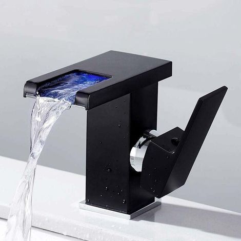 Mitigeur Cascade LED Noir pour Lavabo Salle de Bains, Robinet Comptoir avec Eau Chaude-Froide, Finition Mat, Équipement Sanitaire Moderne (1/5)