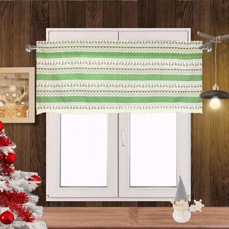 Cortina pequeña para cocina, cortina de lino verde con rayas de ciervo, 130 x 41 cm (ancho x alto). (1/4)