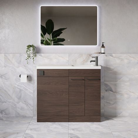 Napoli 250 Brown Oak 1000mm 2 Door Vanity Unit Toilet Suite with Round Silvo Basin - 1000mm - Gunmetal Grey 160mm HandleWithout Jubilee Toilet Pan