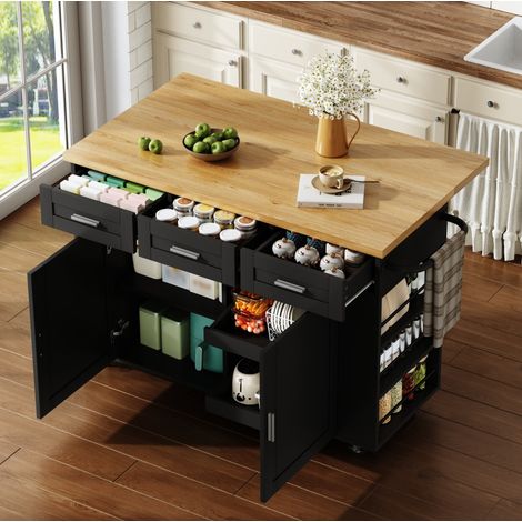 Isla de cocina móvil con encimera abatible, cajones, organizadores extraíbles, regleta con USB y ruedas con freno, MDF madera clara y negro – CHICFURN (1/5)