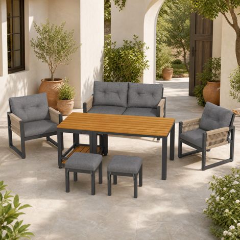 DESMIU Salon de jardin avec canapé 2 places, 2 fauteuils, 2 tabourets, table amovible et coussins, fer gris et naturel (1/5)