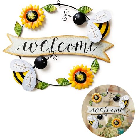 Willkommensschild aus Metall mit Sonnenblumen- und Bienenmuster, Garten-Willkommen