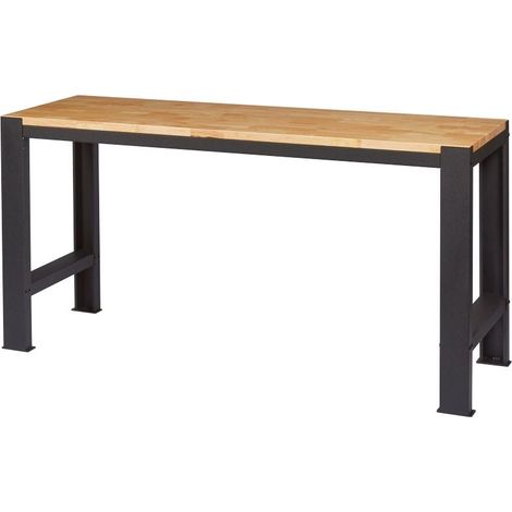 Établi d'atelier 180x60x90cm – Châssis métallique noir mat – Plateau en bois d'hévéa 30mm – Charge maximale 750Kg – Feroce