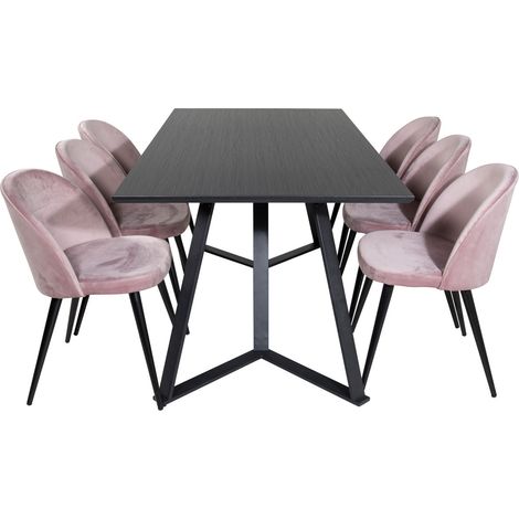 MarinaBLBL ensemble table, table noir et 6 Velvet chaises Velours rose, noir. (1/5)