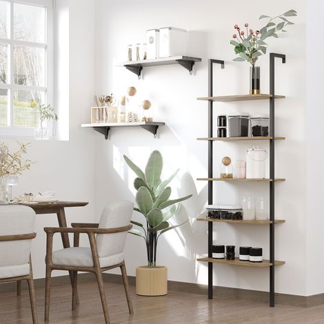 Industrielles Leiterregal mit 5 Ebenen, Wandmontage, Holz und Metall, 60 x 30 x 184,5 cm, Braun (1/5)