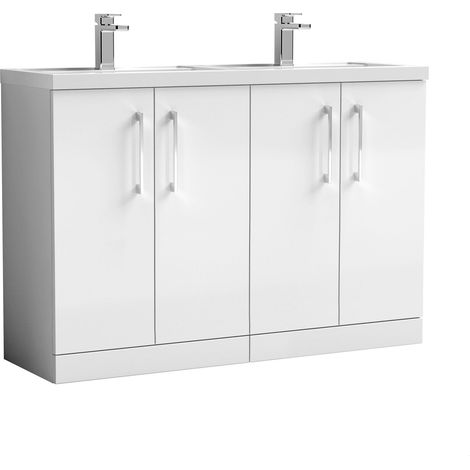 Balterley Bramshall 1200mm Floor Standing 4 Door Vanity Unit with Double Basin & Handles for Modern Bathroom Storage - Gloss White (1/4)