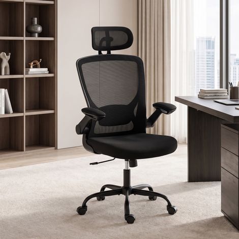 Chaise Bureau Ergonomique Maille, Soutien Lombaire Appui-Tête Réglables, 64x65x129 cm, Noir (1/5)