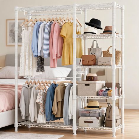 Portant à vêtements en métal avec 5 étagères réglables, 114 x 44 x 195 cm Penderie en Métal, Vestiaire, avec 2 Tringles, Construction acier carbone, Blanc