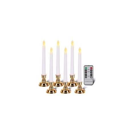 Bougies avec supports dorés, bougies coniques sans flamme avec télécommande et minuteur, bougies de Noël LED blanches, lot de 6