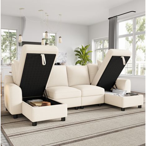 Divano angolare a U 280x137x84 cm in ciniglia beige con contenitore, per soggiorno – MEUBLIV (1/5)