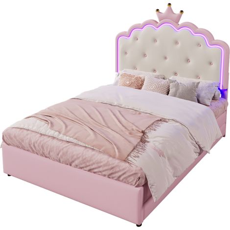 Lit enfant 140 x 200 cm avec lit gigogne, LED d’ambiance, 2 tiroirs, sommier à lattes, cuir régénéré rose, style princesse - CHICFURN (1/5)