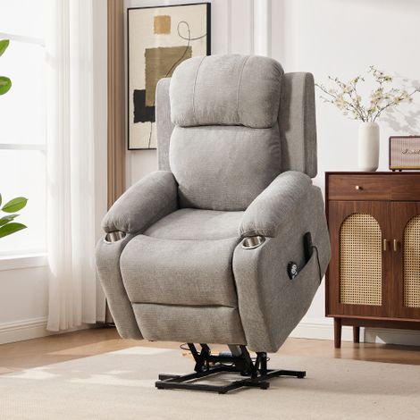 Fauteuil relax électrique releveur massant chauffant, dossier et repose-pieds réglables, chenille clair - Gray