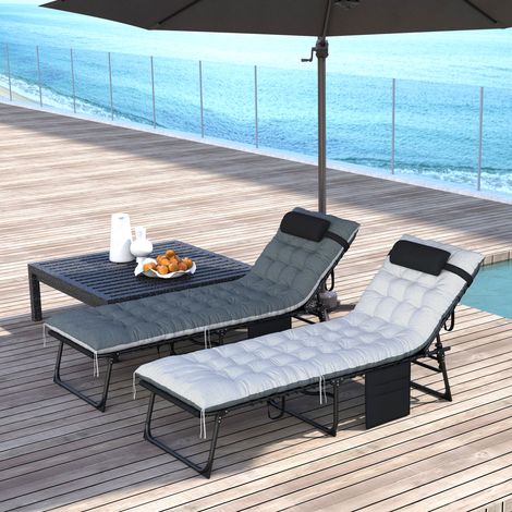 Lot de 2 bains de soleil. chaise longue pliante et inclinable. coussin. appui-tête. poche latérale. 60x190x31cm. gris