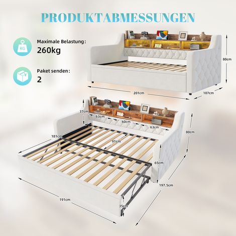 Canapé-lit 90 x 190 cm avec lit gigogne, canapé-lit en velours avec accoudoirs, tête de lit en bois avec rangement, éclairage LED, ports USB et Type-C, sommier à lattes, méridienne pour chambre d'amis (1/4)