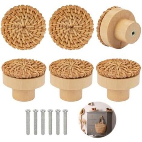 (40×40×35)6 Pièces Boutons de Meuble en Rotin Bois, Poignée Meuble Bois, Bouton de Tiroir, Boutons de Portes pour Placards, Boutons de Meuble Rond en Bois, Bouton de Meuble Bois pour Chambre Cu (1/3)