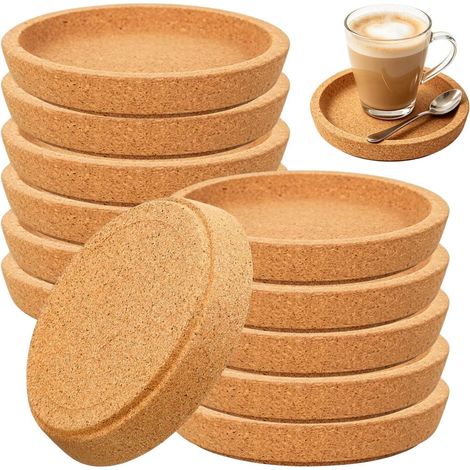Lot de 12 Sous-Verres Liège 10cm, Épais, Rebord, Isolant, Tasse, Table, Protection, Café, Bureau, Cuisine (1/5)