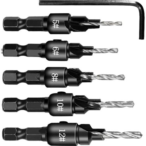 Lot de 5 forets coniques réglables en acier rapide avec tige hexagonale de 35,6 cm, tailles 5-14, clé de réglage incluse (5-12) (1/5)
