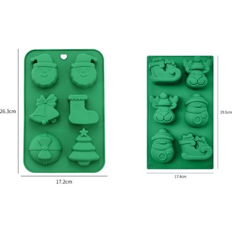 Lot de 2 moules en silicone Noël, motifs traîneau renne bonhomme de neige Père‑Noël sapin, pour chocolat biscuit gâteau, compatible four congélateur, lavable lave‑vaisselle, vert (1/5)