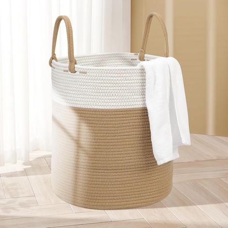 Panier à linge en coton tressé - 50 L - Naturel - Avec anse - Buanderie et salle de bain - 35 x 40 cm - Kaki (1/5)