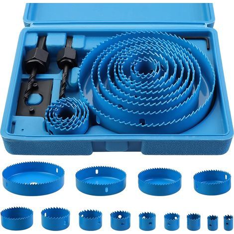 AIDUCHO 13-teiliges Lochsägen-Set aus Bimetall-Kohlenstoffstahl (19–127 mm) im Koffer für Holz, Gipskarton und Trockenbauwände – Blau (1/5)