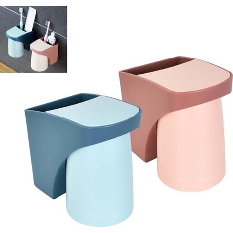 Lot de 2 porte-brosses à dents muraux avec gobelets magnétiques, organiseurs de salle de bain pour famille et enfants, fixation sans perçage, bleu et rouge (1/5)