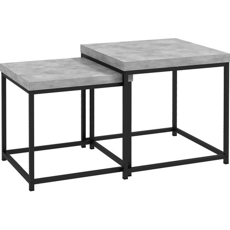 Lot de 2 tables gigognes basses carrées pour salon, cadre acier et plateau bois gris (1/5)