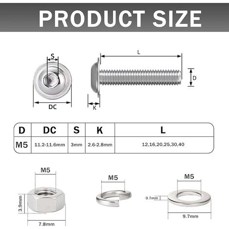 10 Pièces Vis à Tête avec Six Pans Creux M5x20 mm, Boulons à Tête Bombée avec Bride Inox A2 V2A, Jeu de Vis avec Ecrous et Rondelles, Entièrement Filetée (1/5)