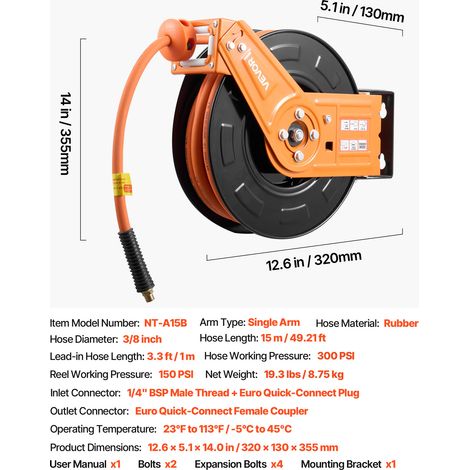 VEVOR Retractable Air Hose Reel, 15m x 9.5mm Rubber Air Hose Max 300PSI, Auto Rewind Air-Compressor Hoses Reel with 1m Lead in, 180° Swivel Ceiling/Wall Mount for Garage Workshops (1/4)