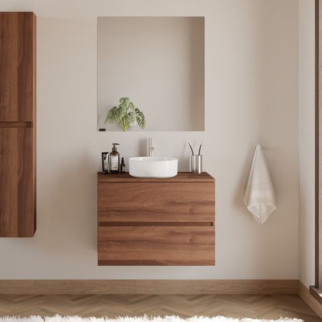 Meuble de salle de bain 60cm avec plateau et vasque à poser ronde - 2 tiroirs - noyer (bois foncé) - IDA (1/5)