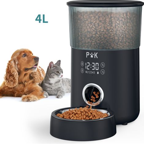 p&k 4L Distributeur Automatique de Nourriture Noir pour Chat et Chien Distributeur de Croquette Gamelle 5 Repas par Jour Avec Écran Tactile