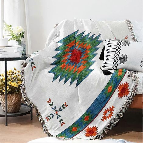 Zuidwestelijke Azteekse deken met pompons, knusse omkeerbare plaid met inheems Zuidwestelijk patroon, multifunctionele deken voor bank, stoel, fauteuil, bed of buiten. (1/3)
