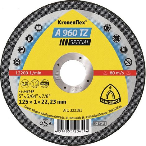Disco da taglio A 960 TZ Special D115x1mm dritto INOX trapano 22,23mm KLINGSPOR (Per 25)