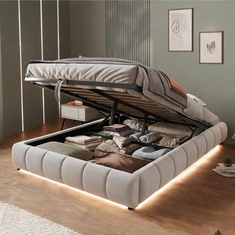 Cadre de lit beige en flannelette 214,5 x 155 x 29,5 cm (1/5)