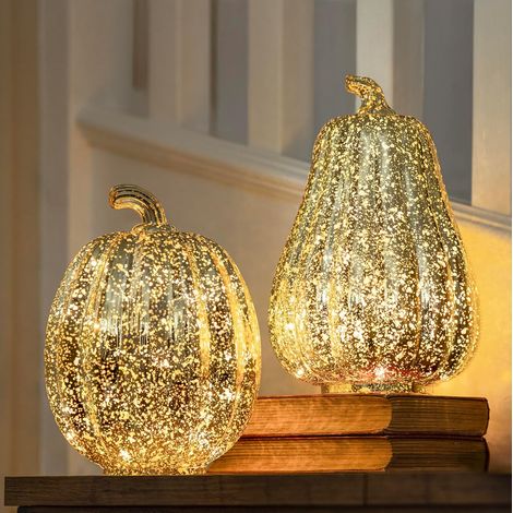 Extra Large Gold Light Up Pumpkin & Squash Pair - 2 Pack Autumn Decorations with Warm LED Lights & Battery 6hr Timer Glass Effect Pumpkins for Halloween Ornaments, Autumnal Décor (1/5)