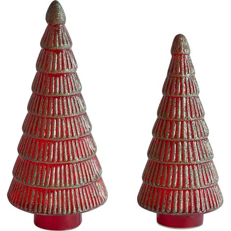Set of 2 Decorative Figurines Green and Red Glass Christmas Trees Festive Decoration Handmade 2 Different Sizes PURUVESI