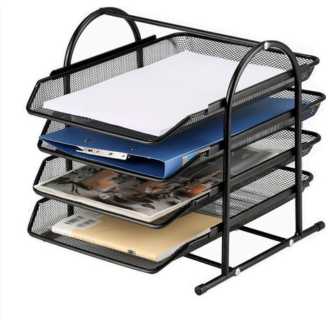Organisateur De Bureau En Métal - 4 Niveaux - Bac À Courrier Et Documents - Noir - Pour Bureau Maison Ou Professionnel - 1 Pièce (1/5)