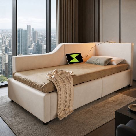 DESMIU Lit Banquette 90 × 200 cm 1 Place avec Coffre, USB, Type-C et Lampe de Lecture, Sans Matelas, Beige (1/4)
