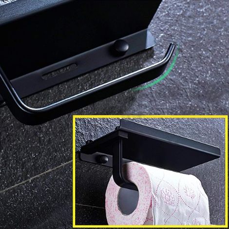 Soporte de papel higiénico de aluminio, soporte de papel higiénico negro con estante, soporte para papel higiénico, soporte para teléfono móvil, dispensador de papel higiénico de pared para baño/cocin (1/4)