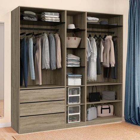 TAYLOR armario modular 200 x 55 x 200 cm 3 módulos con armarios + estantes + cajones haya y negro