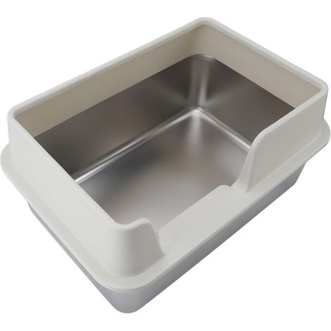 Stainless Steel Litter Tray, Open Top Cat Litter Tray, Large Size Metal Splash-Proof Litter Tray with Spoon, 19.7 x 13.8 x 9.8 inches (White)
